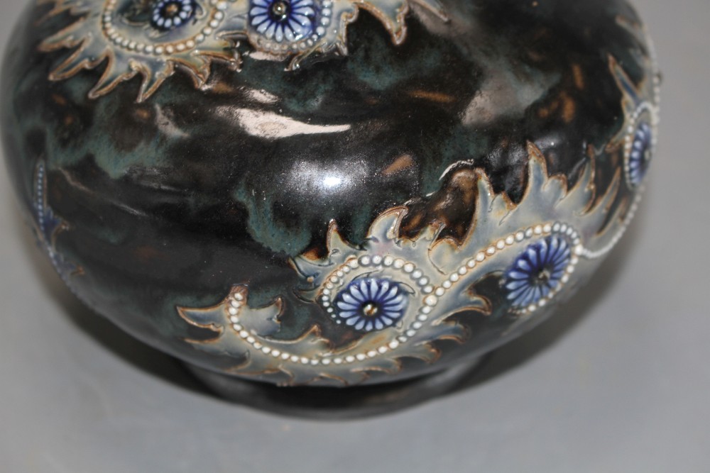 George Tinworth for Doulton Lambeth, a Persian shape bottle vase, dated 1880,